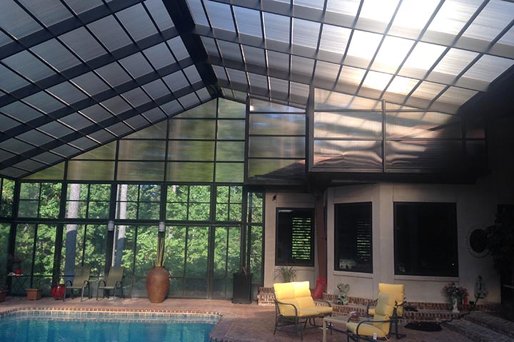 LExan is a great material for patio and pool enclosures providing strong protection from the elements of nature, especially in the Southern coastal regions along the Gulf of Mexico